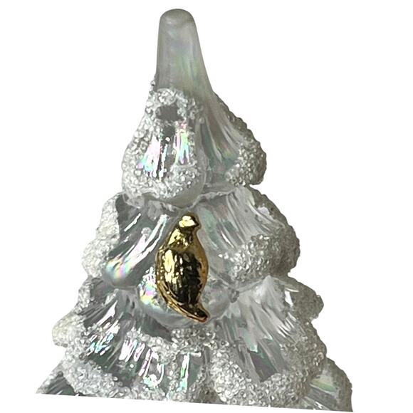 Fenton Glass TREE FIGURINE 4.25” Iridescent White Snow Flock Gold Partridge Bird - Picture 2 of 7